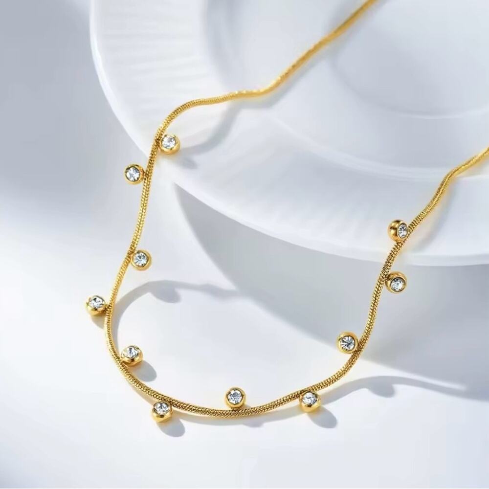 Dainty Gold Floating CZ Bezel Snake Chain Necklace